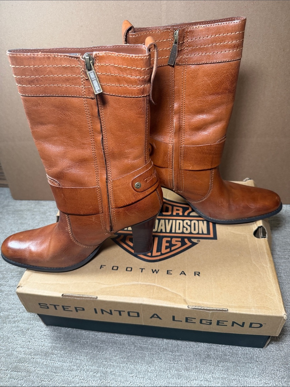 Harley-Davidson Brown Leather Mid-Calf Heeled Boots with Harness Accent - Picture 5 of 10